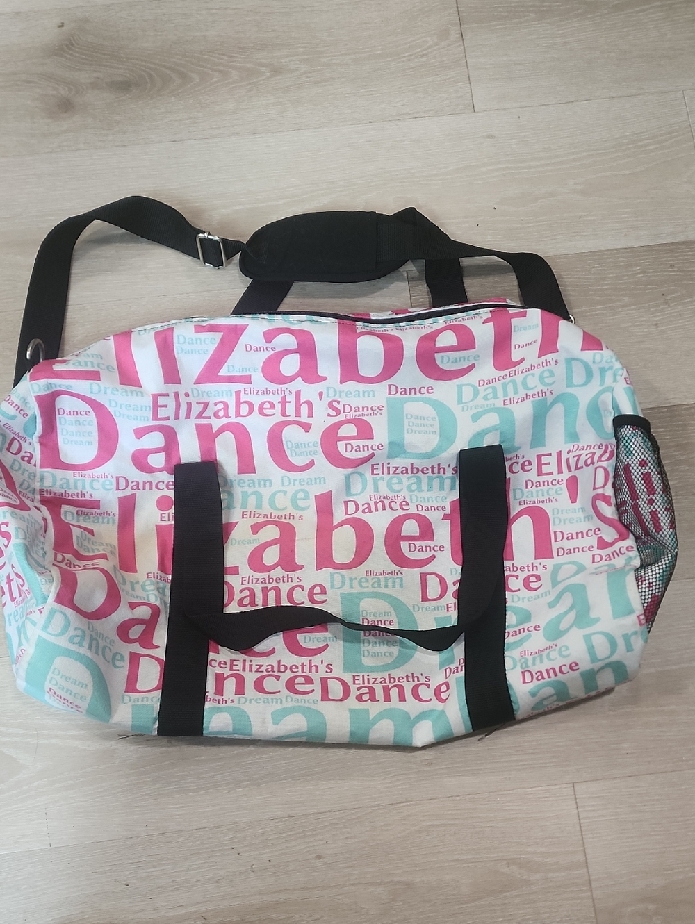 Elizabeth Name Pink & Teal Dance Duffel Bag with Black Straps